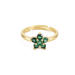 Verde Oscuro Anillo ajustable con flor de cristal, joyas de latón chapado en oro real 18k para mujer, sin plomo y cadmio, verde oscuro, tamaño de EE. UU. 7 1/4 (17.5 mm)