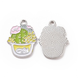 Vert Jaune Pendentifs en émail , charme de cactus, platine, vert jaune, 25x18x1.5mm, Trou: 2mm