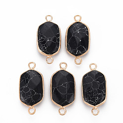 Синтетическая Бирюза Соединители звеньев синтетического бирюзового цвета, с позолоченным латунным краем и петлей, граненые, овальные, 29x13x6~7 мм, отверстие : 2 мм