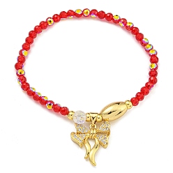 Красный Латунь и стекло с покрытием стойки растягивающиеся браслеты, без кадмия и без свинца, долговечный, бант из микропаве из кубического циркония, красные, внутренний диаметр: 2-1/8 дюйм (5.5 см), bowkont: 15x20x4 мм