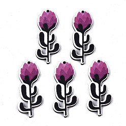 Purple Printed Basswood Pendants, Back Random Color,  Flower, Purple, 40x16x3mm, Hole: 1.6mm