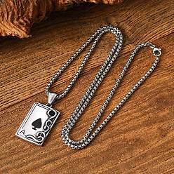Antique Silver Vintage 304 Stainless Steel Pave Black Cubic Zirconia Ace of Spades Pendant Necklaces for Men, Antique Silver, 23.62 inch(60cm)