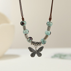 Бледно-бирюзовый Длинные ожерелья с подвеской в виде бабочки из сплава и фарфора в этническом стиле для женщин, античное серебро, бледные бирюзовая, 15.75~31.50 дюйм (40~80 см)