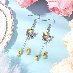 Золотистый Бабочка 304 серьги-кисточки из нержавеющей стали, с бусиной из сплава и синтетической бирюзой, античное серебро, золотые, 72x18 мм