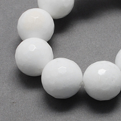 White Natural Jade Bead Strands, Dyed, Faceted, Round, White, 12mm, Hole: 1mm, 32pcs/strand, 14.6 inch