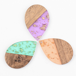 Mixed Color Transparent Resin & Walnut Wood Pendants, with Gold Foil, Teardrop, Mixed Color, 35.5x24.5x3mm, Hole: 2mm