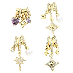 Mixed Color 4Pcs 4 Colors Brass Micro Pave Cubic Zirconia Pendants, with White Round Plastic Pearl, Golden, Mixed Color, 27~29mm, 1pc/style