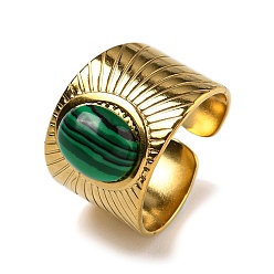 Настоящее золото 18K Ионное покрытие (ip) 304 открытые манжеты из нержавеющей стали, Овальные широкие кольца с синтетическим малахитом для женщин и мужчин, реальный 18 k позолоченный, регулируемый