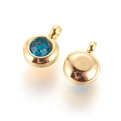 Indicolite 304 Stainless Steel Rhinestone Charms, July Birthstone Charms, Flat Round, Indicolite, 9.3x6.5x4mm, Hole: 2mm