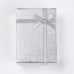 Silver Cardboard Necklace Boxes, with Ribbon Bowknot and Sponge inside, Rectangle, Silver, 7x5x2.5cm