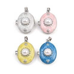 Платина Подвески-медальоны из пластика с имитацией жемчуга, с фурнитурой латунной эмалевой, овальные, платина, 22x17x12 мм, отверстие : 5x2.5 мм, внутренний диаметр: 1712 мм