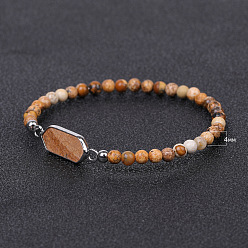 Пейзажный Джаспер Браслеты с шестигранными латунными звеньями, браслет из бусин с натуральным рисунком из яшмы, 6-7/8~7-1/8 дюйм (17.5~18 см)