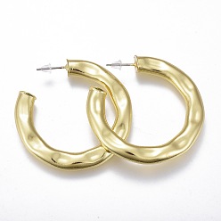 Настоящее золото 18K Серьги-гвоздики из фактурной латуни, серьги-кольца, долговечный, со стальными штифтами и пластиковыми гайками для ушей, кольцо, реальный 18 k позолоченный, 45x5.5 мм, штифты : 0.7 мм