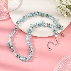 Larimar Natural Larimar Chip Beaded Necklaces with 304 Stainless Steel End Chains, Stainless Steel Color, 15.75 inch(40cm)