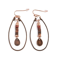 Красная Медь Овальные серьги-подвески из синтетической бирюзы с бусинами-рондель из сплава, Красная медь, 70 мм