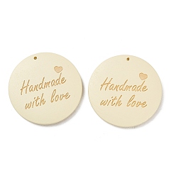 Бежевый Древесины подвески, Плоские круглые подвески с надписью «Сделано с любовью», бежевые, 39.5~40.5x5~5.5 мм, отверстие : 1.4 мм
