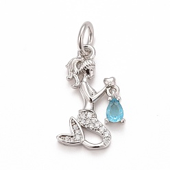 Azul Cielo Latón chapado latón micro pavimentar cúbicos zirconia colgantes, larga duración plateado, sin plomo y cadmio, con anillo de salto, sirena con lámpara, Platino, luz azul cielo, 19x11x2 mm, anillo de salto: 6x1 mm, 4 mm de diámetro interior