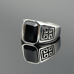 Нержавеющая Сталь Цвет 304 Кольца из нержавеющей стали и обсидиана для мужчин, прямоугольные, цвет нержавеющей стали, размер США 7 (17.3 мм)
