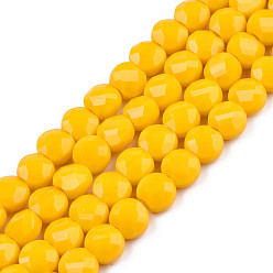 Золотистый Непрозрачные сплошные цветные стеклянные бусины, граненые, плоско-круглые, золотые, 6.5x3.5 мм, отверстие : 1.2 мм, около 98~100 шт / нитка, 21.65 дюйм ~ 22.44 дюйм (55~57 см)
