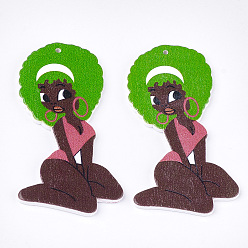 Lime green Gedruckte große Holzanhänger, gefärbt, Mädchen, lime green, 67.5x37x2.5 mm, Bohrung: 1.5 mm