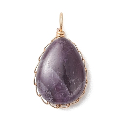 Аметист Подвески из натурального аметиста , подвески-слезинки с медной проволокой в обертке, золотые, 25.5~26.5x14.5x6.5 мм, отверстие : 3.5 мм