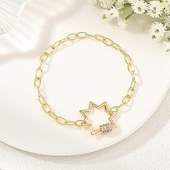 Golden Brass Paperclip Chain Bracelets, Star, with Brass Micro Pave Cubic Zirconia Screw Carabiner Lock Charms and 304 Stainless Steel Open Jump Rings, Golden, Inner Diameter: 7.48 inch(19cm)