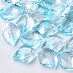 Sky Blue Transparent Spray Painted Glass Pendants, with Glitter Powder, Leaf, Sky Blue, 16x11.5x3.5mm, Hole: 1.5mm