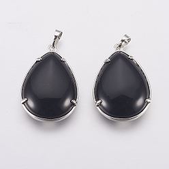 Obsidian Natural Obsidian Pendants, with Brass Findings, Teardrop with Tree, Platinum, 37x25~26x10~11mm, Hole: 5x8mm