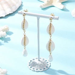 Золотой Серьги-гвоздики с кисточками из ракушечного жемчуга, с натуральными смешанными ракушками каури и латунными бусинами, формы раковины, золотые, 75.5x13 мм