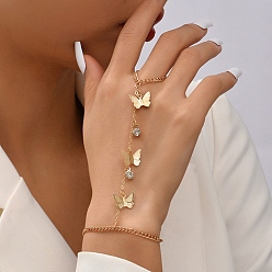 Golden Rhinestone Butterfly Ring Bracelets, Iron Curb Chain Bracelet with Finger Ring, Golden, 7-1/4 inch(18.3cm), Inner Diameter: 30mm