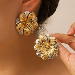 Golden & Stainless Steel Color Alloy Stud Earrings for Women, Flower, Golden & Stainless Steel Color, 38x38mm