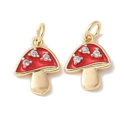 Настоящее золото 18K Латунные микропаве прозрачные подвески с фианитом, грибные прелести, с эмалью, без кадмия и без свинца, долговечный, стойки покрытие, с целью перехода в кольце, реальный 18 k позолоченный, 13x9.5x2 мм, отверстие : 3 мм