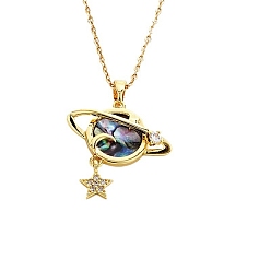 Planet Модные латунные подвески-паве из натуральной ракушки пауа и прозрачного кубического циркония для повседневных вечеринок, золотые, планета, 15.75 дюйм (40 см)