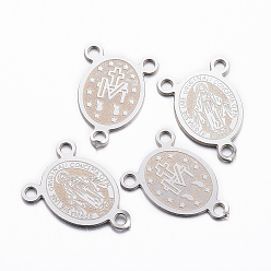Нержавеющая Сталь Цвет Устойчивые к потускнению 304 элементы люстр из нержавеющей стали, 3 Разъемы петли, части розария, овальные с рисунками " virgin mary", цвет нержавеющей стали, 14.5x10x0.8 мм, отверстие : 1.2 мм