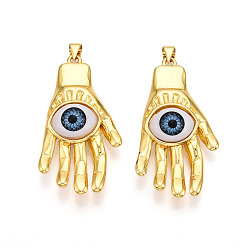 Настоящее золото 18K Подвески латуни cmолы, рука с глазом, реальный 18 k позолоченный, 43x22x10 мм, отверстие : 3.5x5 мм
