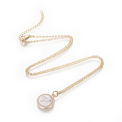 Letter V Brass Initial Pendant Necklaces, with Shell, Cubic Zirconia and 304 Stainless Steel Cable Chains, Flat Round with Letter, Letter.V, 17.5 inch(44.5cm), 1.5mm