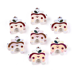Яблоко УФ-покрытие, непрозрачные, напечатанные, акриловые европейские бусины, пазл с рождественским узором, большое отверстие шарик, яблоко, 23~23.5x23.5x10 мм, отверстие : 5.5~6 мм
