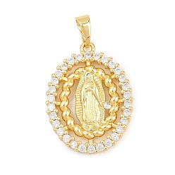 Настоящее золото 18K Религиозные латунные подвески с микропаве из прозрачного кубического циркония, без кадмия и без свинца, овал с подвесками Девы Марии, реальный 18 k позолоченный, 25x18.5x3 мм, отверстие : 3.5x6 мм