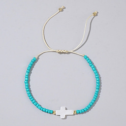 Небесно-голубой Стеклянные бусины и латунные плетеные браслеты из бисера, белые ракушечные крестообразные регулируемые браслеты, голубой, 11 дюйм (28 см)