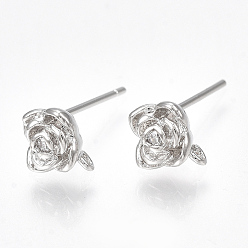 Real Platinum Plated Brass Cubic Zirconia Stud Earring Findings, with Loop, Flower, Clear, Nickel Free, Real Platinum Plated, 6.5x6.5mm, Hole: 0.5mm, Pin: 0.7mm