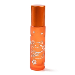 Dark Orange Glass Roller Bottles, with Lid and Glass Roller Balls, Refillable Bottles, Column with Fortune Cat Pattern & Chinese Character, Dark Orange, 2x8.6cm, Hole: 9.5mm, Capacity: 10ml(0.34fl. oz)