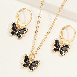 Черный Комплект из ожерелья и серег с подвеской в виде бабочки из сплава и эмали для детей, чёрные, Ожерелье: 450 mm
