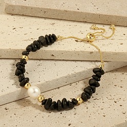 Обсидиан Регулируемый браслет-цепочка из натурального пресноводного жемчуга и натурального обсидиана с цепочкой-слайдером из латуни для женщин., реальный 18 k позолоченный, 6.30 дюйм (16 см)