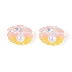 Золотистый Прозрачная смола и искусственный жемчуг кабошоны, формы раковины, с блеском порошок, два тона, золотые, 17x23.5~24x18.7 мм