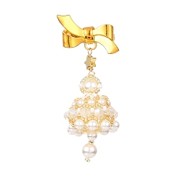 Seashell Color Shell Pearl Beaded Bell Pendant Brooch, Brass Bowknot Brooches for Women, Seashell Color, 55x25x11mm