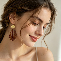 Teardrop Boucles d'oreilles pendantes en bois et alliage, or, larme, 82x31mm