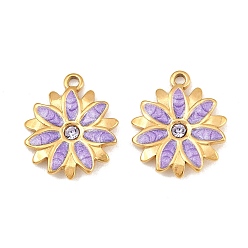 Medium Purple 304 Stainless Steel Enamel Pendants, Flower Charms, with Rhinestone, Ion Plating(IP), Real 18K Gold Plated, Medium Purple, 16.5x14x1.5mm, Hole: 1.5mm