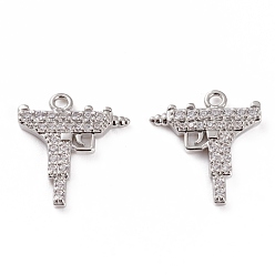 Платина Латунные микро проложить кубического циркония подвески, форма пистолета, случайное левое или правое, прозрачные, платина, 16x14x1.5 мм, отверстие : 1.4 мм