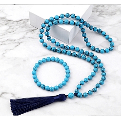 Синтетическая Бирюза Комплекты ожерелий и браслетов с круглыми бусинами из синтетической бирюзы, 850 мм и 180 мм