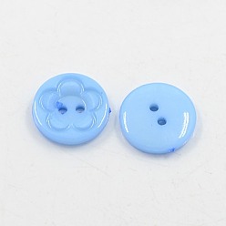 Cornflower Blue Acrylic Sewing Buttons for Clothes Design, Plastic Buttons, 2-Hole, Dyed, Flat Round with Flower Pattern, Cornflower Blue, 16x3mm, Hole: 1mm